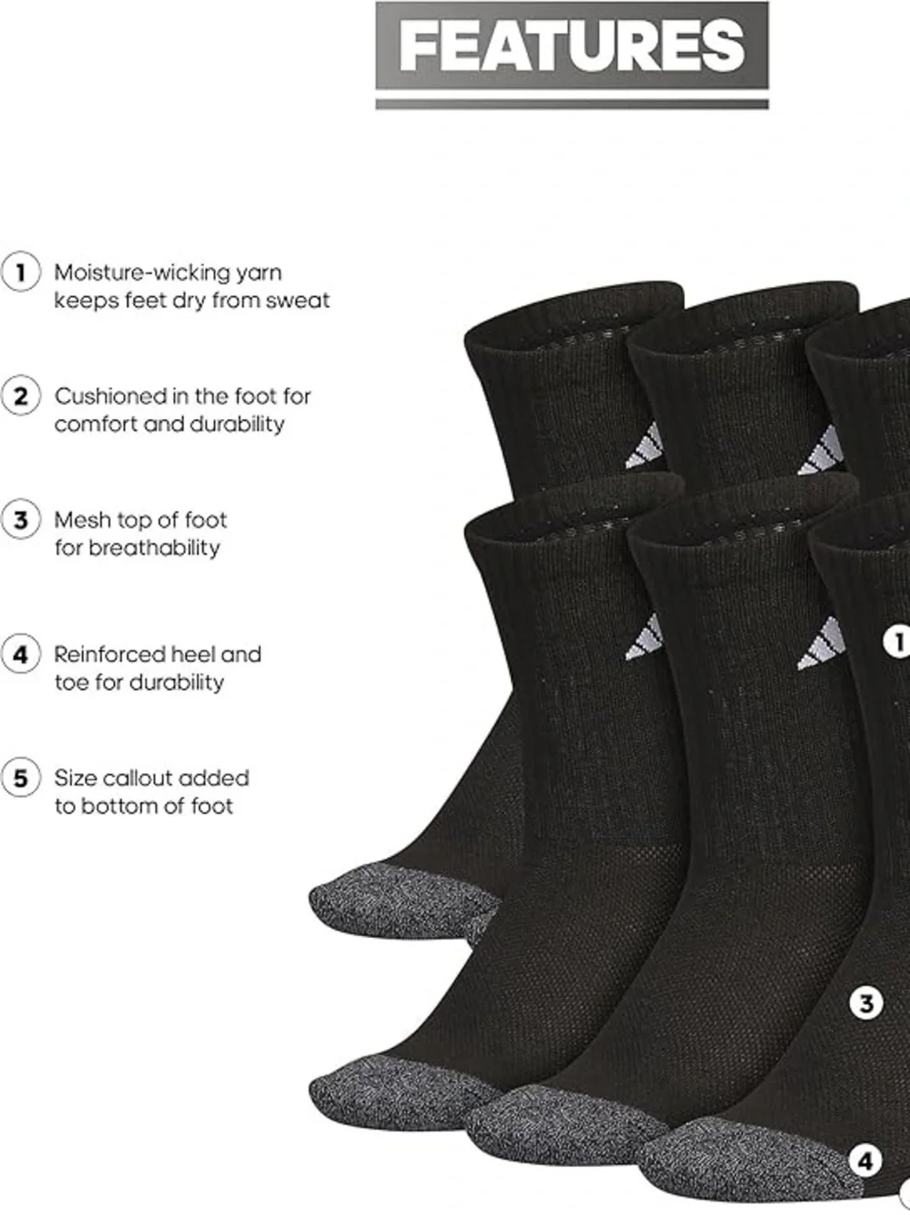 NEW Boys Adidas Black Crew Athletic Socks - Pack of 6 size L 5Y-7Y